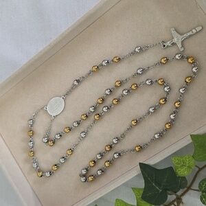 Stainless Steel Two Tone Bead Rosary Neckkace